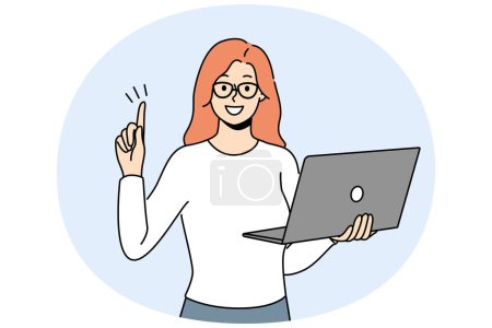 Téléchargez les illustrations : Femme d'affaires souriante avec ordinateur portable dans les mains mettre le doigt dans l'air excité par idée innovante. Une femme heureuse employée génère un travail de réflexion d'entreprise sur ordinateur. Illustration vectorielle. - en licence libre de droit