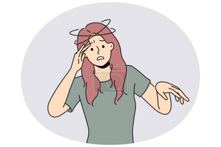 Illustration for Unhealthy woman feeling dizzy. Stressed girl suffer from vertigo attack. Healthcare and health problems. Vector illustration. - Royalty Free Image