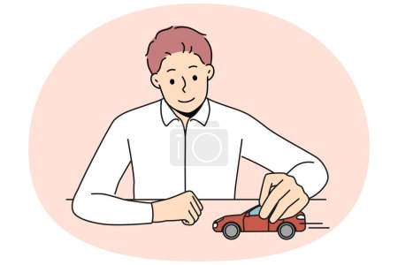 Téléchargez les photos : Homme d'affaires souriant assis au bureau jouer avec la voiture rouge. Homme confiant patron ou PDG de jouer avec l'automobile penser à la prochaine étape des affaires. Illustration vectorielle. - en image libre de droit