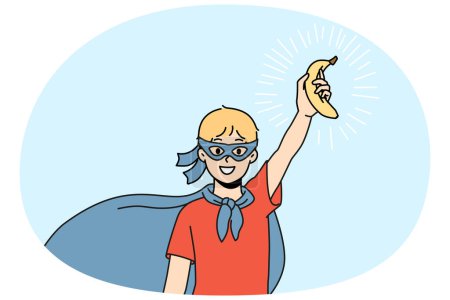 Téléchargez les photos : Garçon souriant enfant en costume de super-héros tenir la banane fraîche à la main. Enfant heureux manger des aliments super profiter des fruits pour une vie saine. Illustration vectorielle. - en image libre de droit