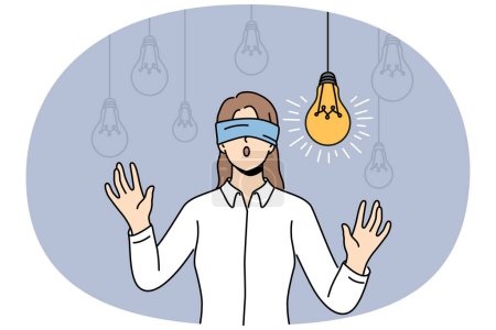Illustration for Blindfolded businesswoman walk in room full of lightbulbs looking for bright innovative idea. Woman employee with blindfold on eyes brainstorm search for innovation. Vector illustration. - Royalty Free Image