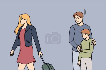 Divorce of parents traumatizes child, experiences stress because of mother with suitcase leaving family. Divorce between man and woman causes frustration and depression in pre-teen boy