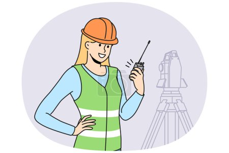 Illustration for Smiling woman engineer in helmet and uniform working with geodetic equipment on construction site. Happy female surveyor engineer on building area. Vector illustration. - Royalty Free Image