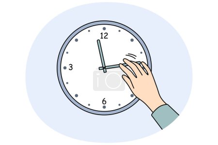 Großaufnahme von Menschen, die die Zeit auf der an der Wand hängenden Uhr umstellen. Mann oder Frau wechseln die Zeiger der Uhr. Zeitmanagement und Planung. Vektorillustration.