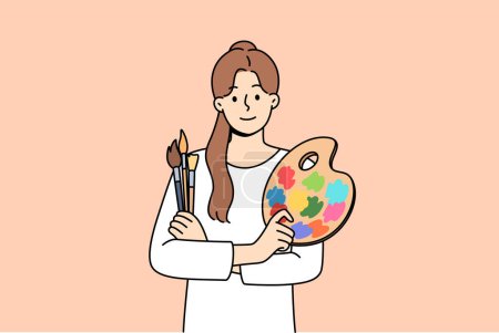 Illustration for Woman artist holds brushes for painting and palette for mixing watercolor paints. Portrait of beautiful artist girl who is interested in creative hobby and wants to exhibit in art gallery - Royalty Free Image
