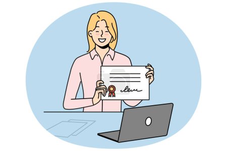 Illustration for Smiling woman sit at desk study online on computer show certificate or graduation. Happy girl student graduate college or university on internet. Vector illustration. - Royalty Free Image