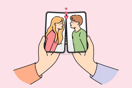 Kissing people in mobile phone screens, for concept online dating or flirting through apps in smartphones. Couple man and woman from dating site found love and started new romantic relationship