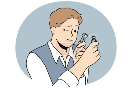 Téléchargez les photos : Bijoutier masculin avec loupe regarder gemme. Gemmologue évaluer la pierre précieuse avec une loupe. Concept de bijoux. Illustration vectorielle. - en image libre de droit