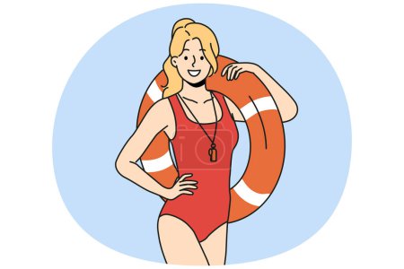 Téléchargez les photos : Femme souriante sauveteur en maillot de bain posant avec anneau gonflable. Joyeux gardien féminin en maillot de bain avec bouée de sauvetage. Illustration vectorielle. - en image libre de droit