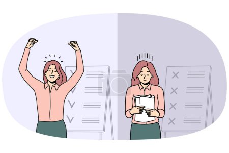 Comparison of woman with unfinished and finished work tasks. Failed and successful female employee with plans and list on board. Vector illustration.