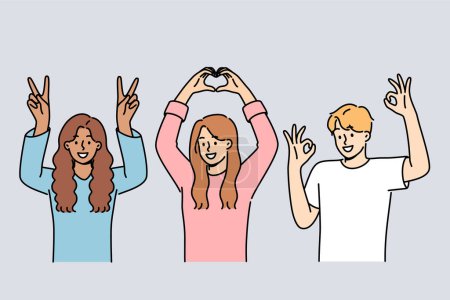 Illustration for Multiethnic people students smiling showing approval gestures and raising hands up. Happy guy and two students girls rejoice at having multiracial friends and lack of discrimination in society - Royalty Free Image