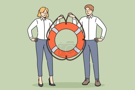 Two managers are holding lifeline offering business help and support or crisis management services. Man and woman working in corporation are ready to provide support to new employees