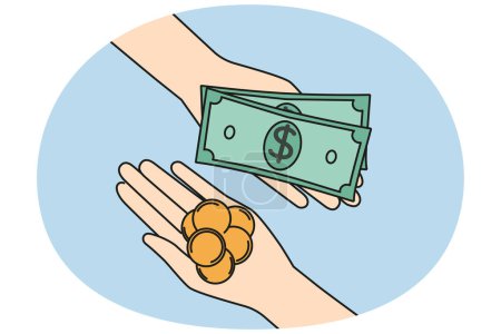 Illustration for Hands with money engaged in finance exchange on market. People involved in currency exchange. Financial transaction concept. Vector illustration. - Royalty Free Image