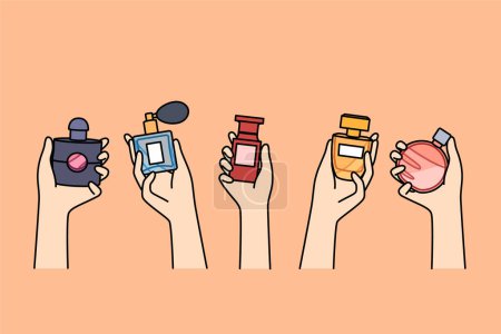 Flaschen Parfüm in den Händen von Frauen, die einen neuen Duft wählen, um das gewünschte Aussehen zu schaffen, wenn sie feiern gehen. Auswahl an Düften in der Parfümerie, mit verschiedenen Essenzen und Extrakten für Eau de Toilette