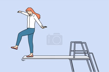 Business woman takes risky action and goes on venture to achieve goal, standing on springboard. Concept of professional venture that can lead to career growth or dismissal and bankruptcy