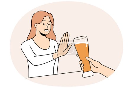 Illustration for Woman refuse from extra glass of beer at bar. Decisive girl say no to alcoholic drink and excessive alcohol consumption. Addiction problem. Vector illustration. - Royalty Free Image