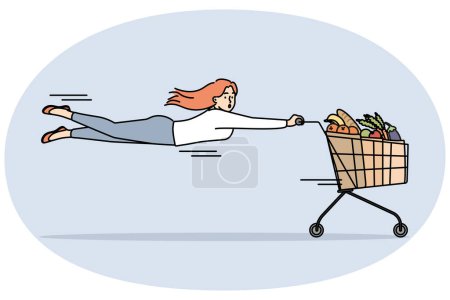 Ilustración de Una mujer tirada por un carrito lleno de víveres. Cliente femenino frustrado comprando comestibles en el supermercado a la venta o promoción. Ilustración vectorial. - Imagen libre de derechos