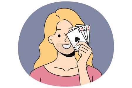 Mujer sonriente posando con cartas en las manos. Feliz jugador femenino mostrar cartas de póquer de juego o jugar en el casino. Ilustración vectorial.