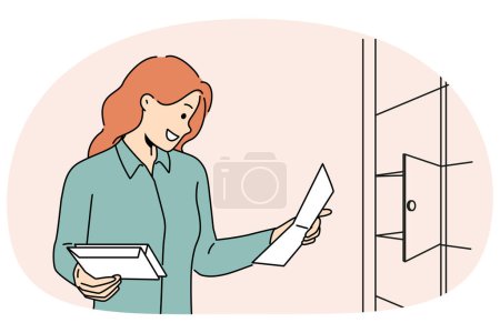 Smiling woman open mailbox reading correspondence. Happy female checking mail in house box. Vector illustration.
