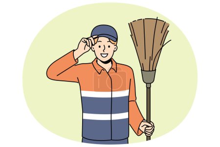 Smiling male janitor in uniform holding brush saluting. Happy man cleaner or swabber greeting with people. Occupation concept. Vector illustration.