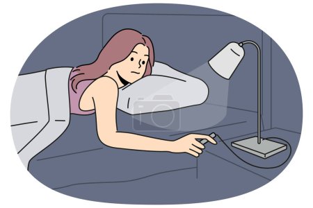 Woman lying in bed turn off lamp on table. Girl relax ready to sleep in home bedroom switch lights. Vector illustration.