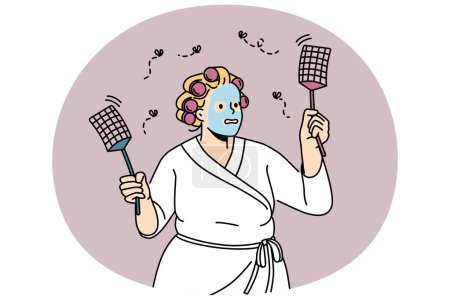Funny overweight woman in bathrobe and mask on face beat insects with fly swatters. Anxious female chasing flies with special tool. Vector illustration.