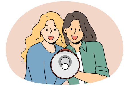 Smiling women with megaphone in hands announce good deal or offer. Happy girls scream in loudspeaker tell about sale or promotion. Vector illustration.