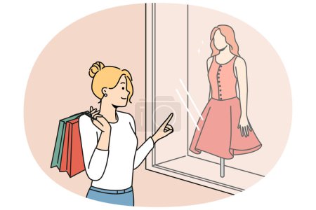 Illustration for Happy woman with bags shopping in boutiques for new clothes. Smiling girl buying fashion apparel in shops look in showcases. Vector illustration. - Royalty Free Image