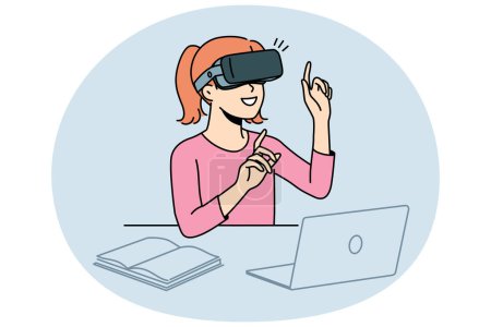 Téléchargez les photos : Fille souriante enfant assis au bureau étudier avec des lunettes VR. Enfant heureux en réalité virtuelle casque utiliser stimulateur pour l'apprentissage. Éducation et technologie. Illustration vectorielle. - en image libre de droit