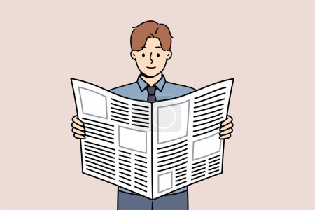 Illustration for Man reads business newspaper to learn about news from large corporations or looks for job advertisements. Guy with daily newspaper scours press for inside information about company vacancies. - Royalty Free Image