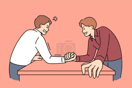 Two men engage in arm wrestling to find out who is stronger and prove own leadership in business team. Friends do comic am-wrestling, demonstrating athletic superiority to opponent
