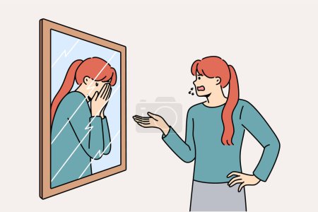 Woman scolds own reflection in mirror, for concept of low self-esteem and problems with having self-confidence. Split personality and lack of self-esteem causes disorder or nervous breakdowns