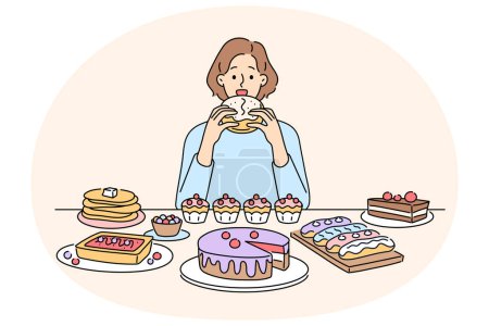 Illustration for Woman sitting at desk eating many desserts and cakes. Unhappy girl overeating sweet cupcakes and sugar food. Gluttony and overeating. Vector illustration. - Royalty Free Image