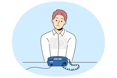 El hombre infeliz se sienta en el escritorio mira el teléfono fijo esperando a que alguien llame. Un tipo frustrado esperando el timbre mirando el teléfono con cable. Ilustración vectorial.