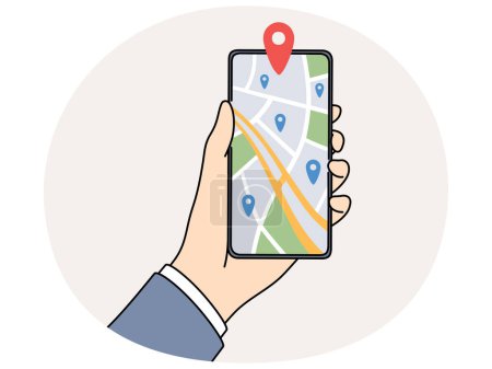 Closeup of person holding cellphone with GPS pointer on digital map. Man with smartphone track location on virtual map on device. Vector illustration.