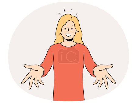 Femme souriante avec les bras ouverts se sentent positif et optimiste de rencontrer quelqu'un. Happy girl étirer les mains accueillant nouveau venu ou débutant. Illustration vectorielle.