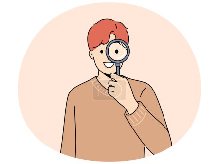 Smiling man with magnifying glass search for information or data. Happy guy with magnifier look for important message doing research. Vector illustration.