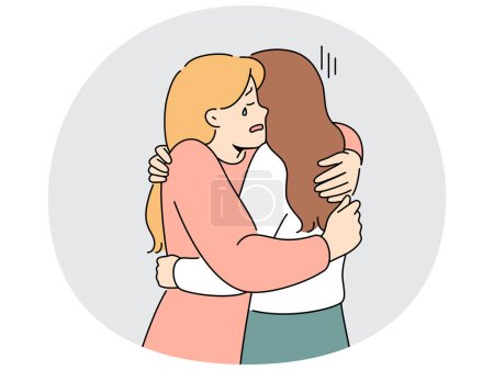 Supportive woman hug crying unhappy friends suffer from breakup or divorce. Caring female embrace support distressed upset girlfriend feeling down. Vector illustration.