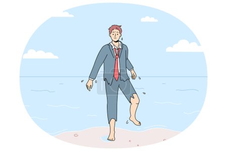 Homme d'affaires confus en costume déchiré sortir de l'océan dans la plage. Employé masculin frustré sauver après accident marcher jusqu'au bord de la mer. Illustration vectorielle.