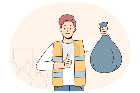 Garbage collector holding plastic bag with waste in hands show thumb up. Smiling male cleaner with bag of wastage and disposal. Occupation concept. Vector illustration.