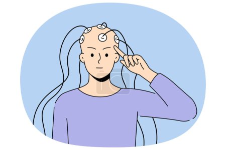 Una persona calva con electrodos conectados a la cabeza dedicada a la investigación neurocientífica. Paciente que se somete a pruebas cerebrales con EEG. Neurología y ciencia. Ilustración vectorial.