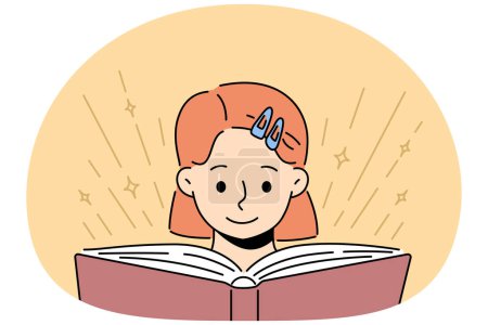 Téléchargez les photos : Petite fille souriante lisant un livre. Enfant heureux engagé dans la lecture littéraire. Éducation et apprentissage des enfants. Illustration vectorielle. - en image libre de droit