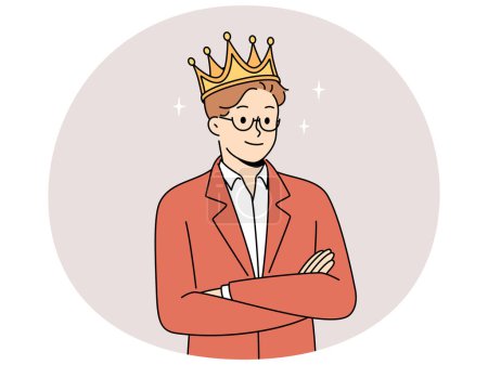Hombre sonriente en traje y corona dorada muestran confianza y liderazgo. Hombre seguro con alta autoestima de pie con los brazos cruzados. Ilustración vectorial.