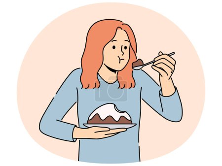 Woman eating cake feeling guilty. Frustrated girl cheat on diet enjoy sweet dessert. Concept of nutrition and guilty pleasure. Vector illustration.