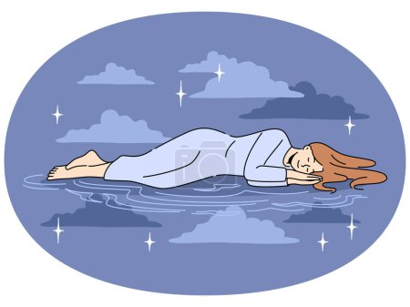 Ruhige Frau, schlafend im Weltraum zwischen Sternen. Entspanntes Mädchen genießt ruhigen Schlaf im dunklen Nachthimmel. Tagträumen und Entspannung. Vektorillustration.