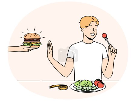 Smiling man sit at table eating healthy food refuse from fastfood. Happy guy enjoy vegetarian dinner say no to tasty hamburger. Diet and nutrition. Vector illustration.