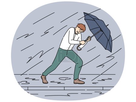 Illustration for Decisive businessman with umbrella walk against storm and rain. Motivated male employee protect himself from business problems and heavy tasks. Vector illustration. - Royalty Free Image