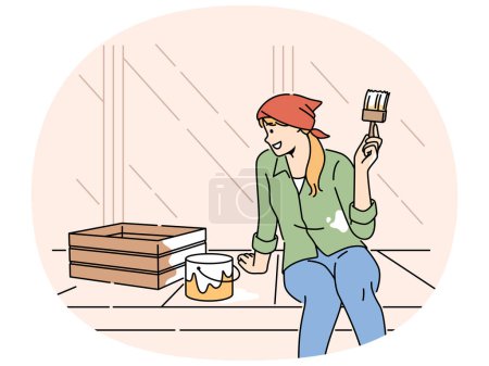 Lächelnde Frau beim Bemalen einer Holzkiste vor dem Haus auf der Terrasse. Glückliches Mädchen renovieren Dekoration in DIY-Prozess beschäftigt. Hobby und Dekoration. Vektorillustration.
