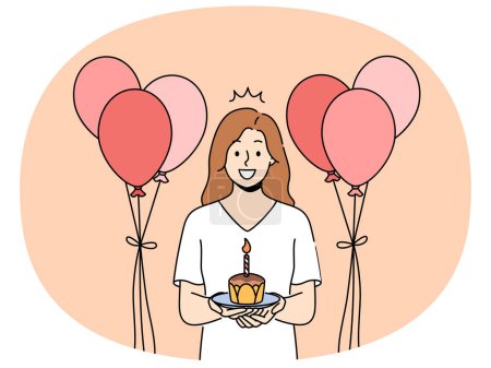 Téléchargez les illustrations : Femme souriante avec gâteau dans les mains et ballons célébrer anniversaire. Fille heureuse avec cupcake avec bougie profiter célébration anniversaire. Illustration vectorielle. - en licence libre de droit