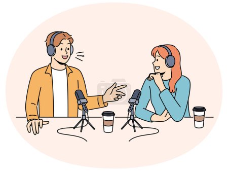 Smiling people in headsets talking in microphones at live radio broadcast. Happy host interview guest recording podcast in studio. Vector illustration.